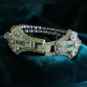 Heidi Daus Gold-Tone Teal and Purple Crystal Art Deco Bracelet. NWOT